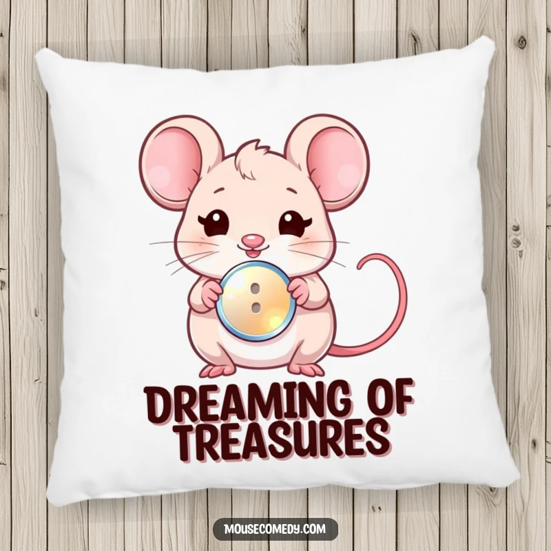Funny pillow showcasing a charming kawaii mouse giving a sweet wink and offering a tiny, shiny button.