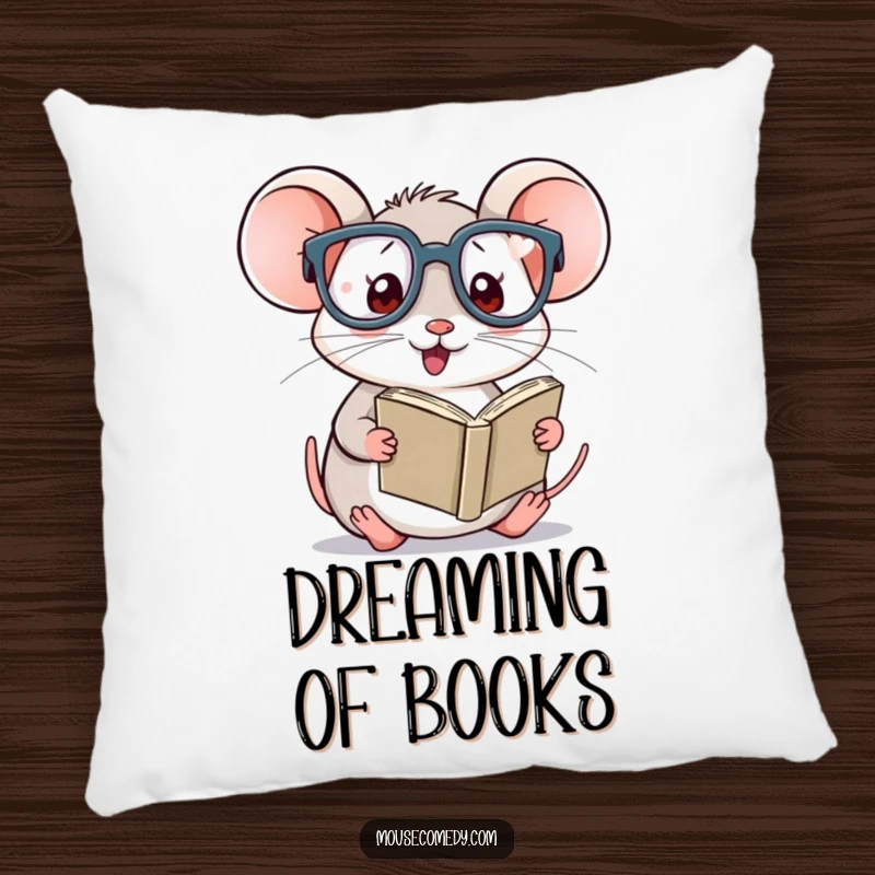 Funny Kawaii Mouse Pillow: Soft cushion showcasing a cute mouse with oversized glasses and a tiny book.