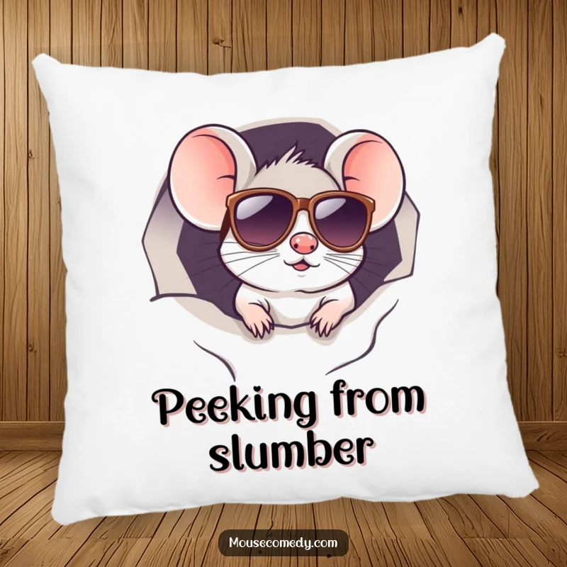 Funny kawaii mouse wearing sunglasses, peeking from a hole, offering comfort. Adorable and funny gift.