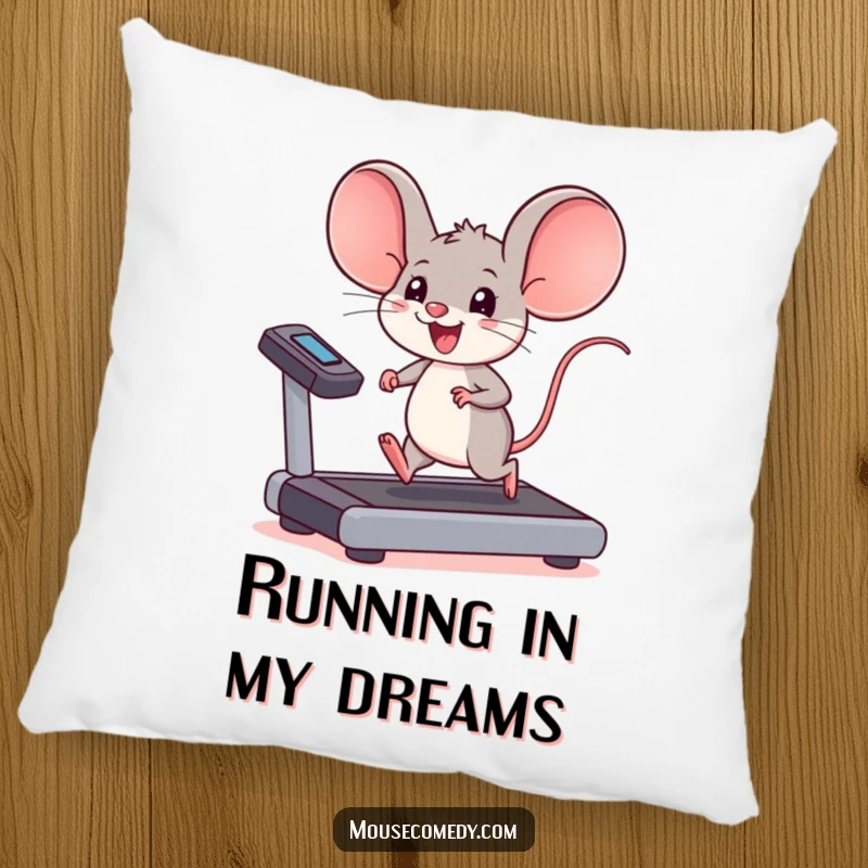 Funny kawaii mouse pillow, a mouse with large ears running on a treadmill, soft and motivational decor.