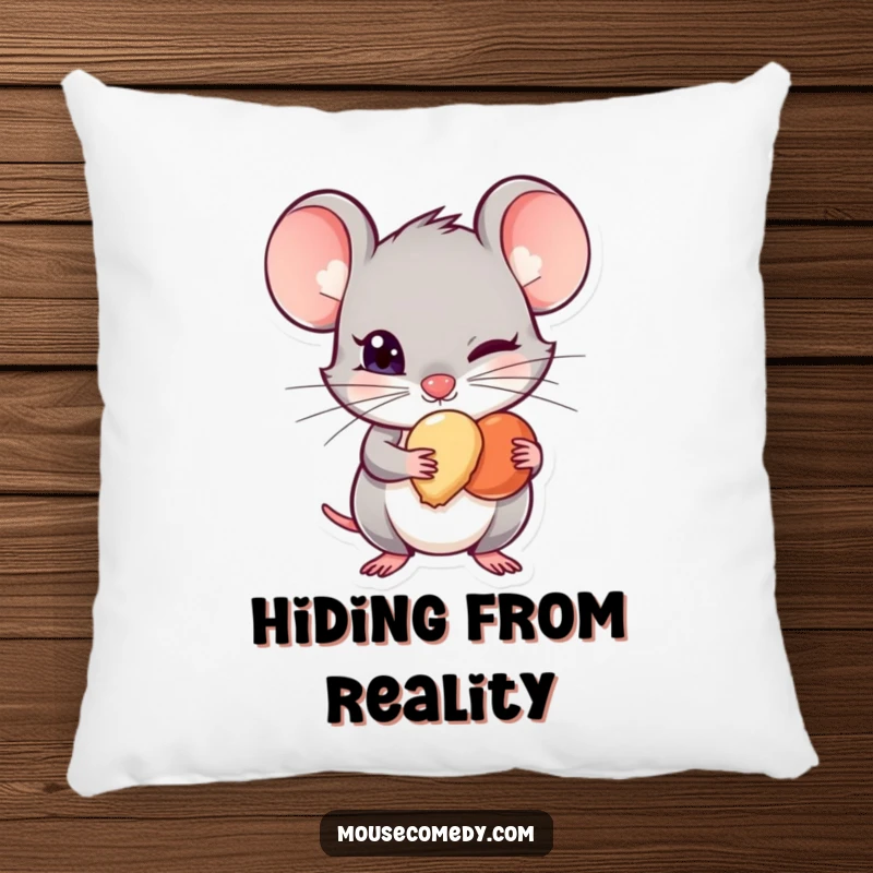 Funny Mischievous Mouse Pillow - A soft pillow showcasing a sly mouse hiding a tiny treat, perfect for adding a touch of humorous mischief to your decor.