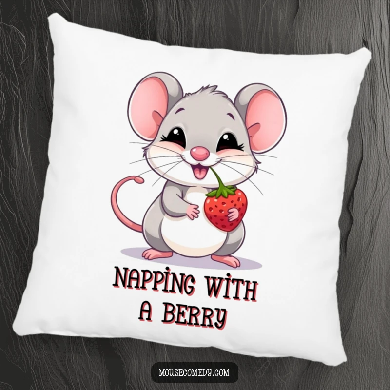 Funny giggling mouse balancing a berry on its nose, featured on a soft, decorative pillow.