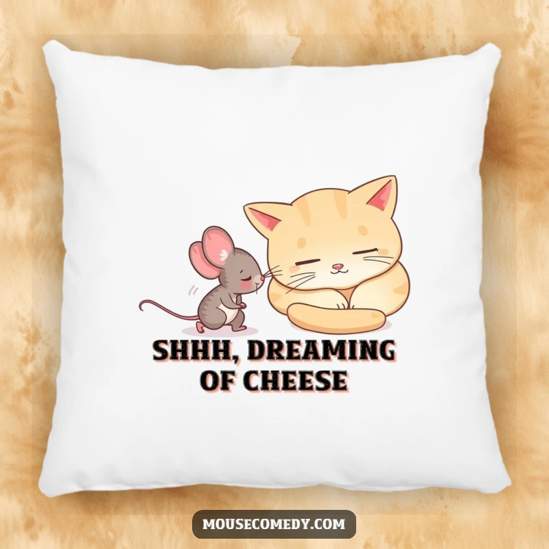 Funny mouse gingerly tiptoeing past a cat taking a nap, featured on a soft, decorative pillow.