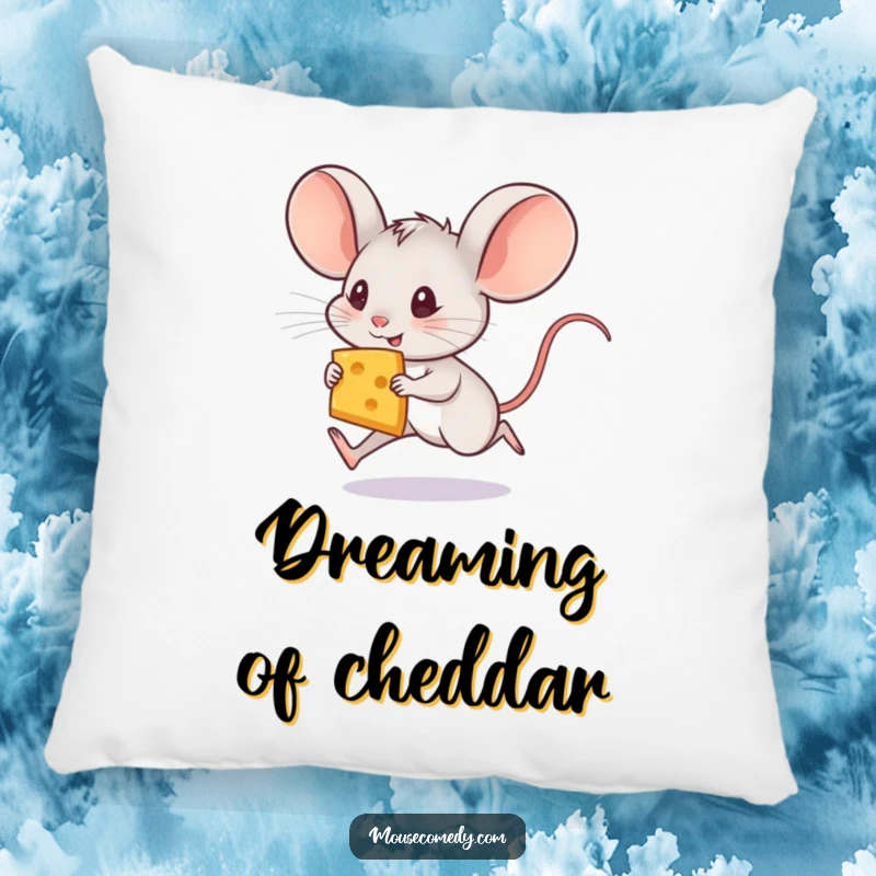 Funny mouse pillow with a tiny, large-eared mouse scampering swiftly while holding a prized slice of cheese, looking utterly delighted.