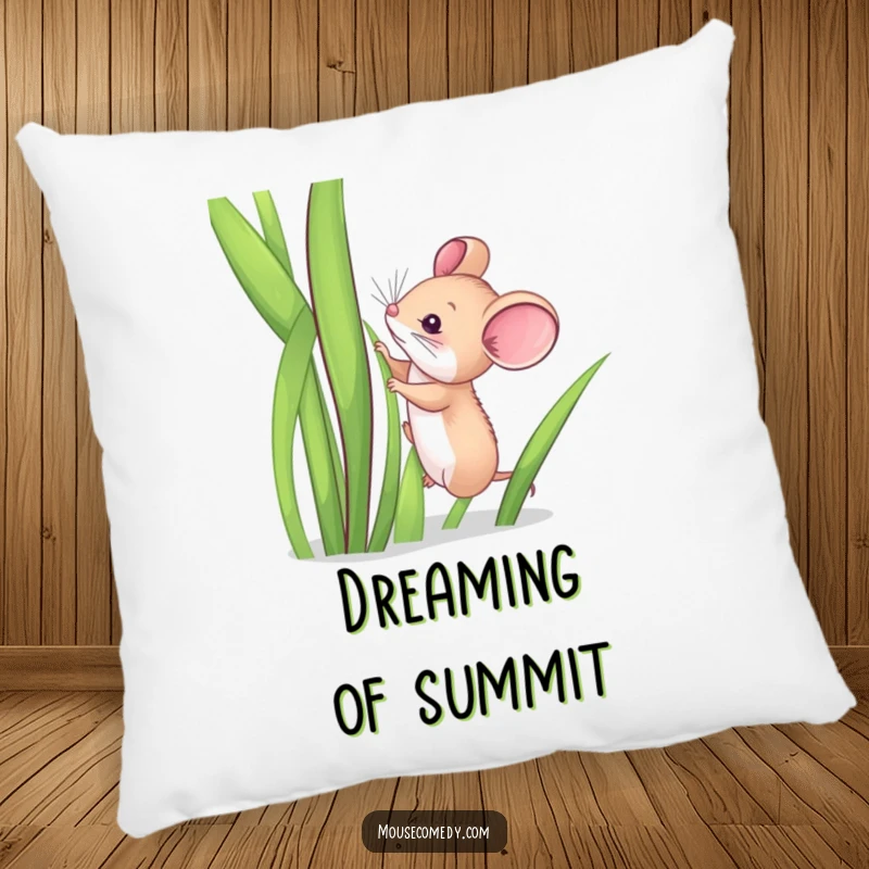 Funny pillow showcasing a tiny mouse attempting to climb a very tall blade of grass, offering comfort and humor.