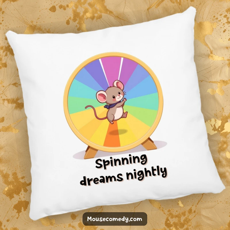 Funny Mouse Pillow: A cute mouse sprints on a large, vibrant hamster wheel, perfect for adding playful decor.