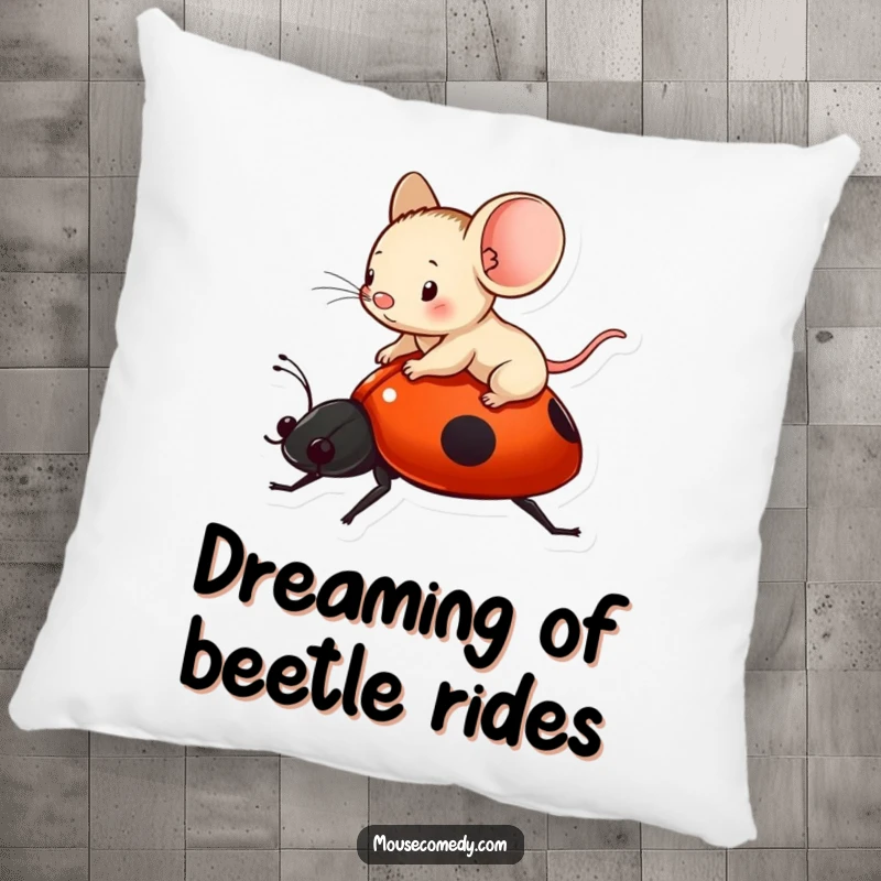 Funny tiny mouse enjoying a ladybug's back as a ride, featured on a soft, decorative pillow.