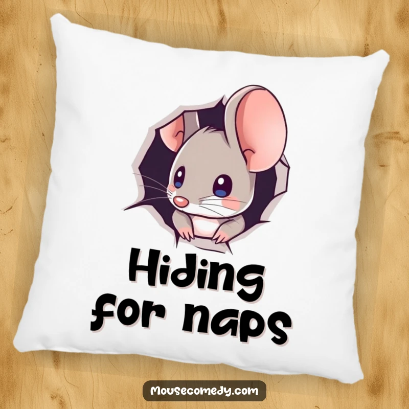 Funny pillow design of a mouse peeking out from a minuscule hole, offering comfort and a touch of playful mystery.