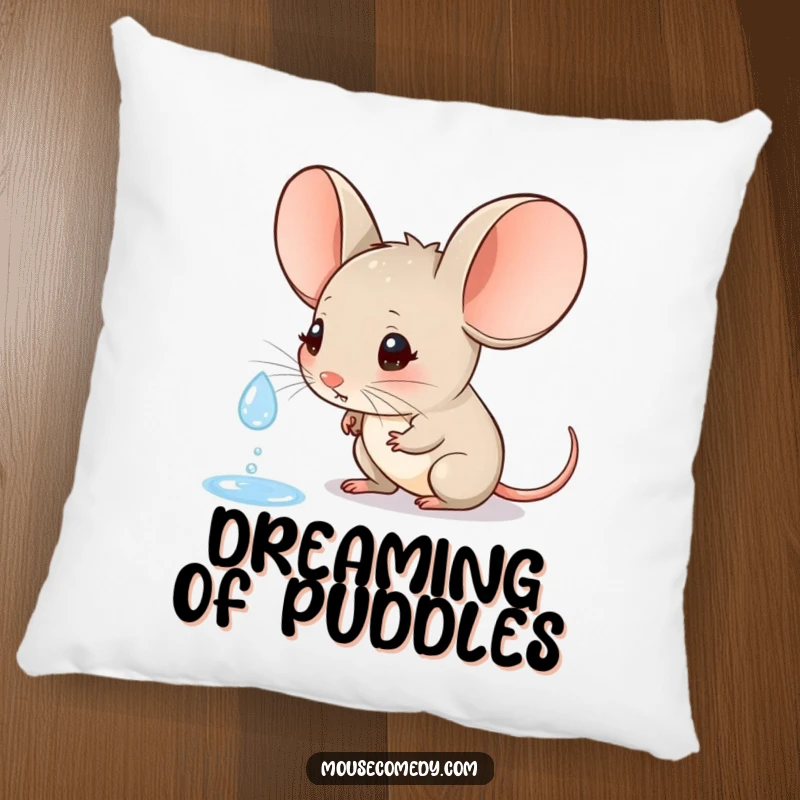 Funny pillow showcasing a mouse with prominent large ears, peacefully contemplating a falling raindrop, embodying quiet curiosity and comfort.