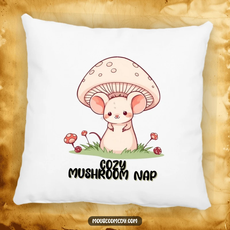 Funny pillow showcasing a timid mouse with a shy smile, peeking from behind a large, whimsical mushroom.