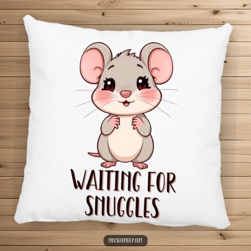 Funny pillow showcasing a friendly, shy mouse with big, expectant eyes, perfect for adding comfort and humor.