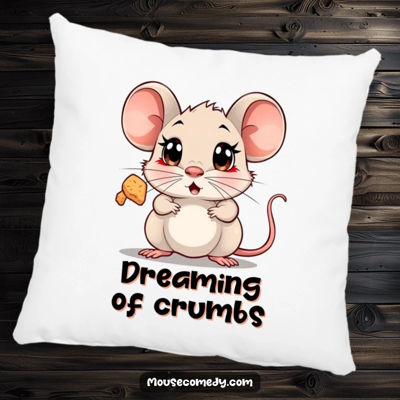 Funny Surprised Mouse Pillow displaying a mouse with wide, shocked eyes looking up in amazement at a floating, sparkling crumb.