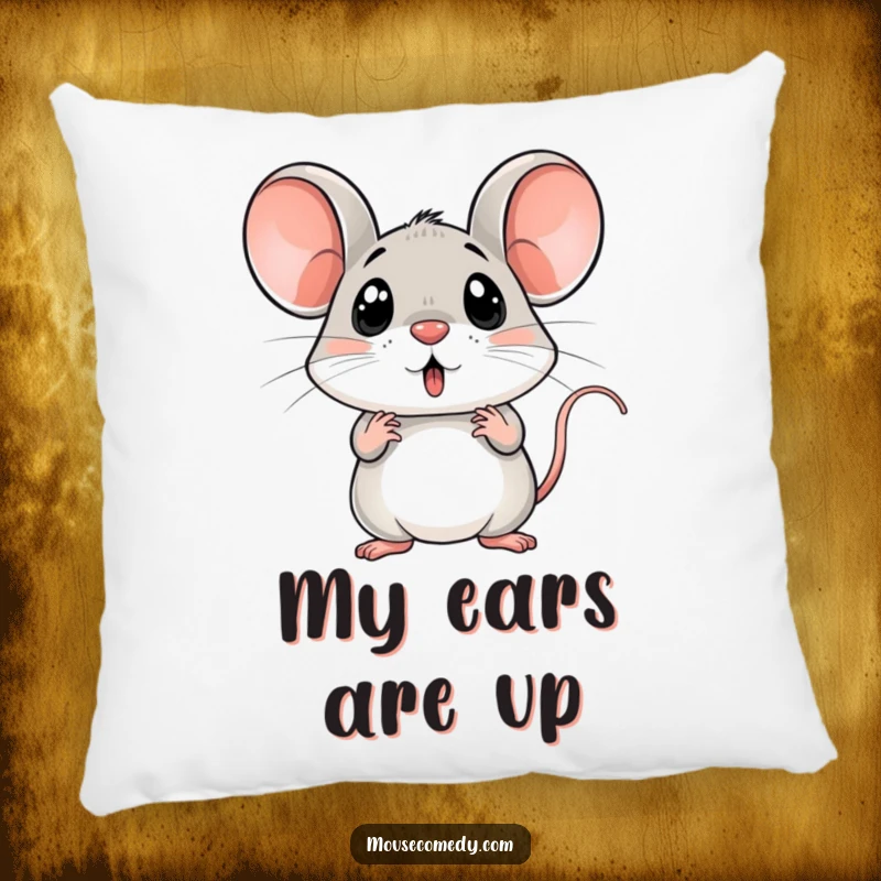 Funny surprised mouse pillow, ears straight up, plush comfort, cute rodent, delightful funny gift.