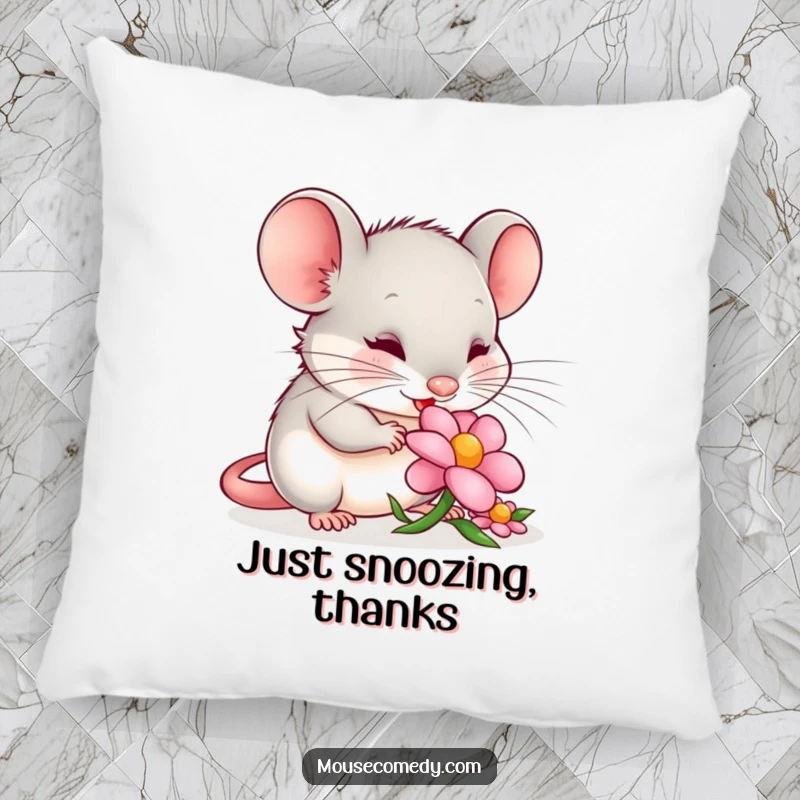 Funny mouse pillow featuring a content mouse peacefully nibbling a flower petal, perfect for adding soft comfort and a touch of gentle humor.