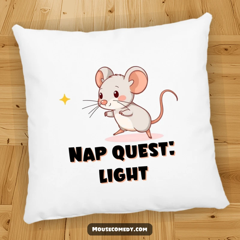 Funny Kawaii Mouse Pillow: A soft, cute kawaii mouse mid-leap, playfully trying to catch a luminous beam of light.