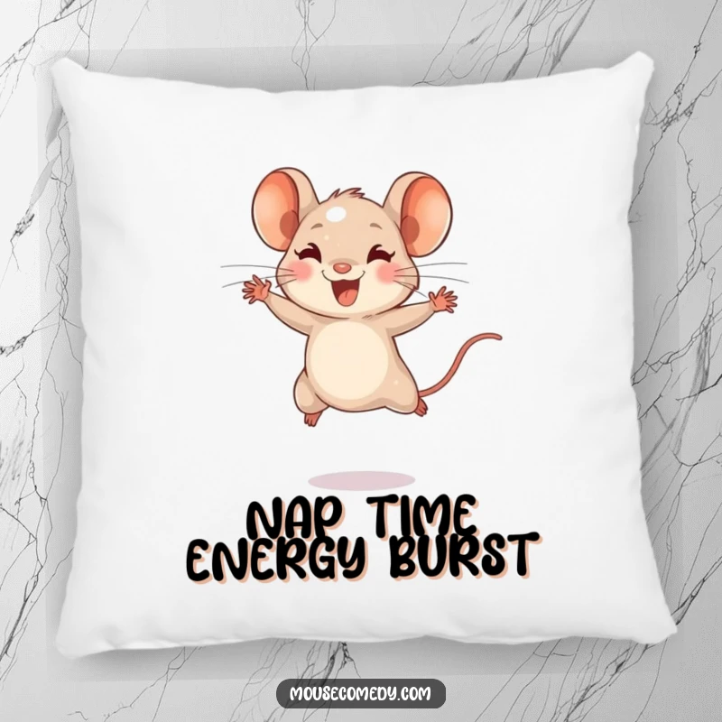 Funny pillow design of a tiny mouse with energetic bounds, leaping joyfully, offering comfort and a touch of happiness.