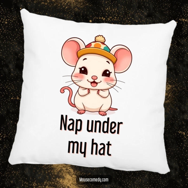 Funny Kawaii Mouse Pillow: A cute mouse wearing a silly hat, looking supremely and comically pleased with itself.