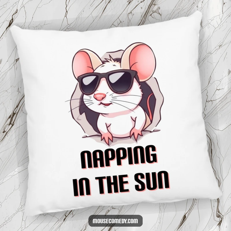 Funny kawaii mouse pillow, depicting a cute mouse wearing sunglasses, peeking from a tiny hole with a cool and knowing expression.
