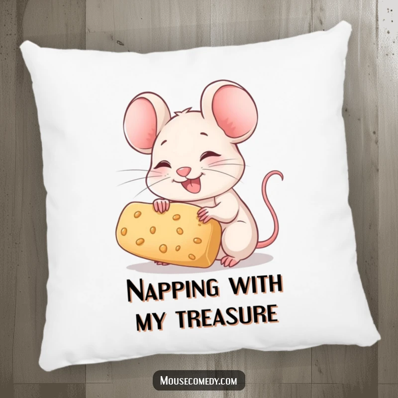 Funny Mouse Pillow: A joyful mouse with twitching whiskers holds a large crumb, a soft and cheerful accent.