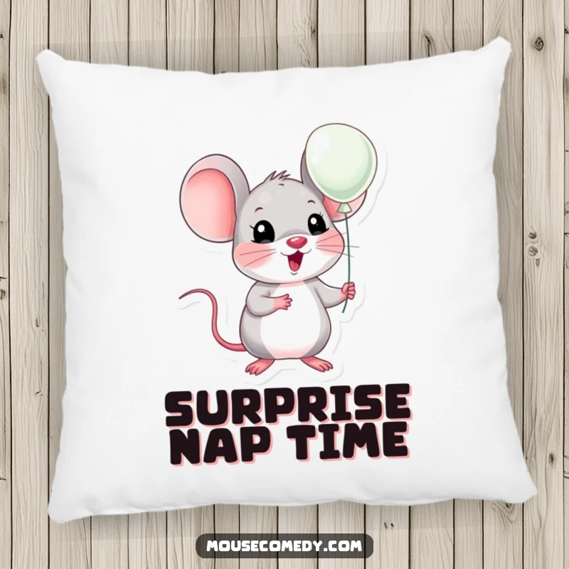 Funny kawaii mouse with exaggerated surprise, holding a tiny balloon, offering comfort. Adorable and funny gift.