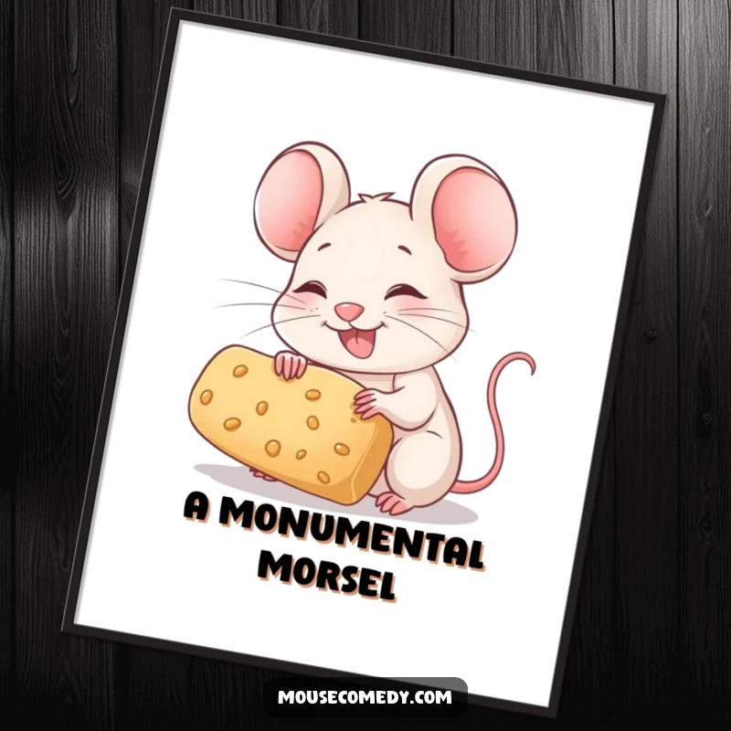 Funny Mouse Digital Art: A joyful mouse with twitching whiskers holds a large crumb, a charming printable.