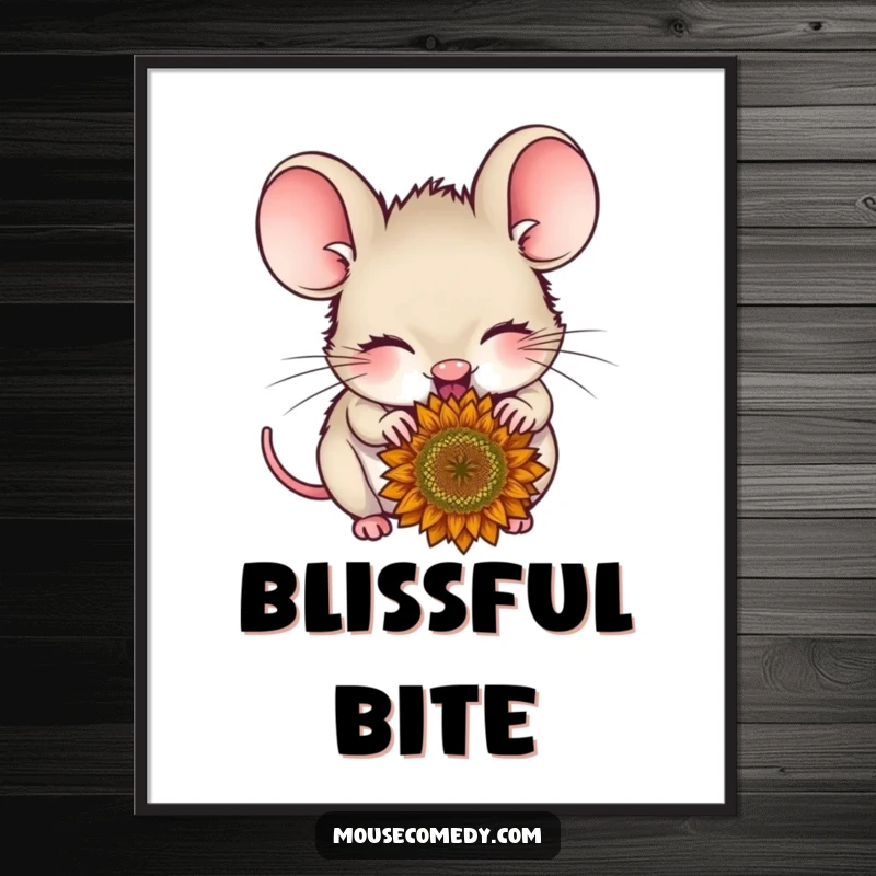 Funny delighted mouse digital art print, showing a small mouse with closed eyes happily eating a sunflower seed, perfect for instant decor.