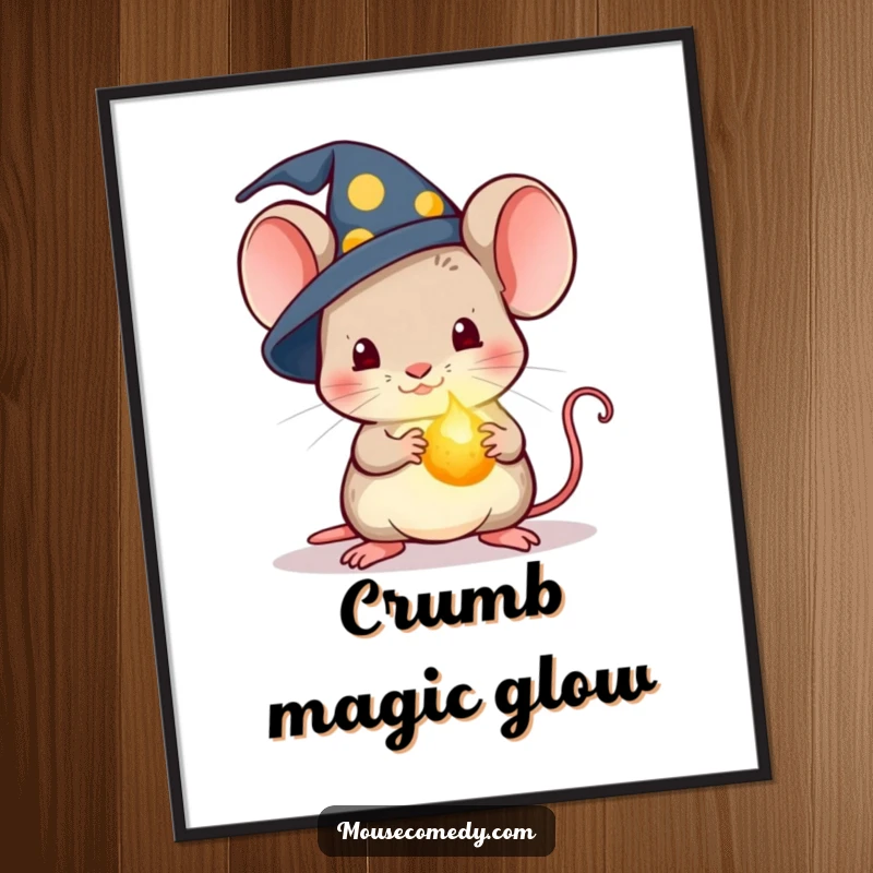 Funny Kawaii Wizard Mouse Digital Art Print: Art of a mouse in a wizard hat holding a glowing crumb, casting a magical spell.