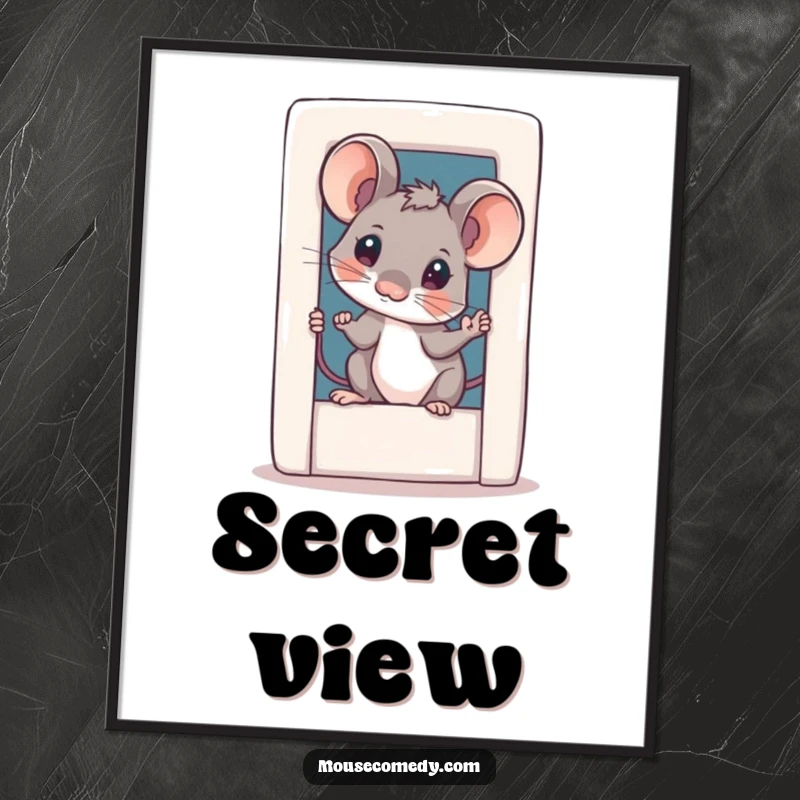 Funny curious mouse digital art print, showcasing a small mouse with a tilted head peeking from a tiny door, ready for framing.