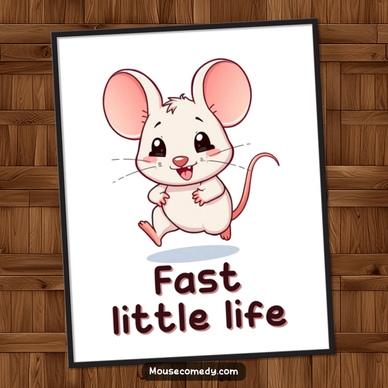 Funny digital art print of a kawaii mouse with large ears, scampering at maximum joyful speed, conveying pure happiness and energetic cuteness.