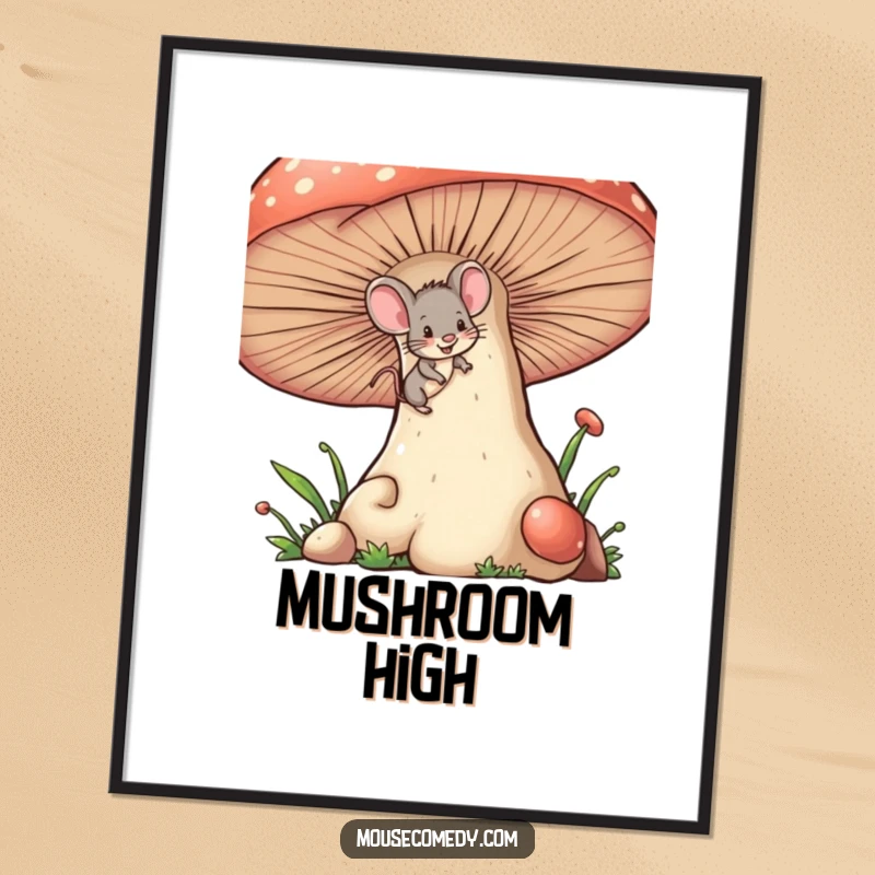 Funny tiny mouse digital art print, depicting a small mouse with a mischievous wink, climbing a giant mushroom, perfect for instant decor.