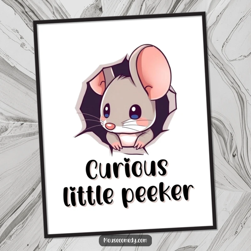 Funny digital art illustration of a mouse peeking out from a minuscule hole, perfect for instant wall decor.