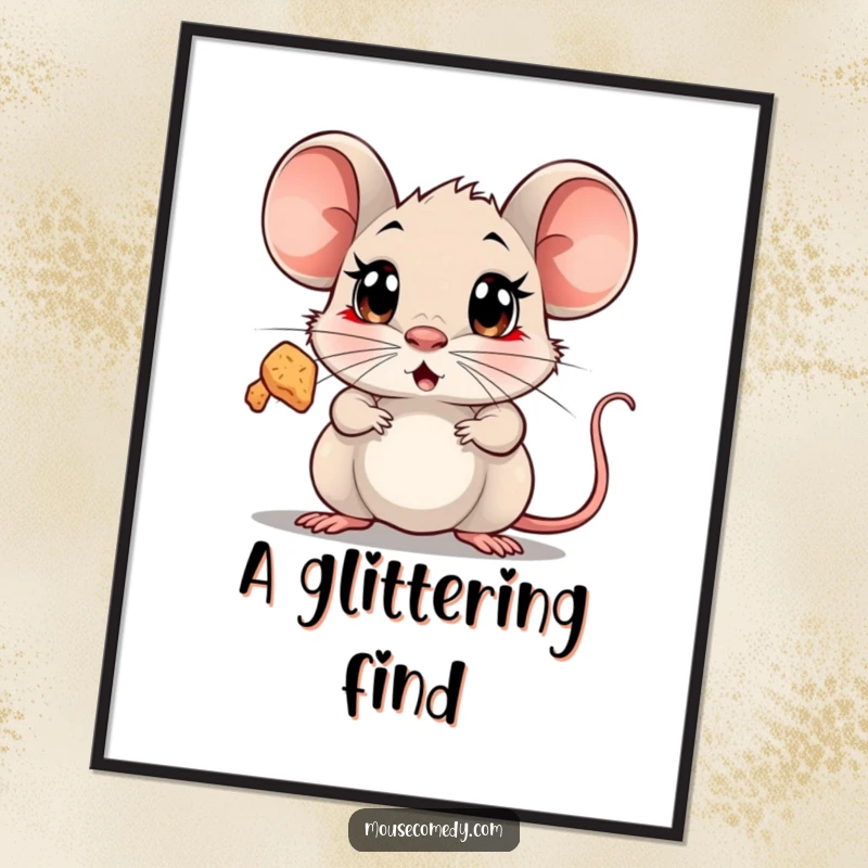 Funny Surprised Mouse Digital Art Print of a mouse with wide, shocked eyes looking up in amazement at a floating, sparkling crumb.