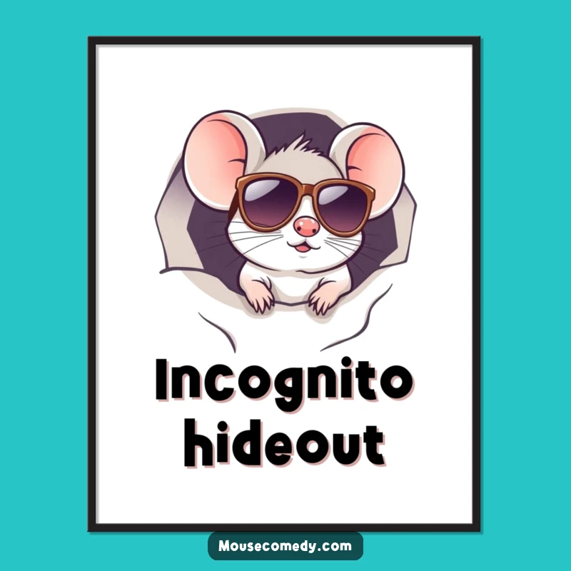 Decorate your space with intrigue and humor using this funny digital art print of a kawaii mouse playing spy behind cool sunglasses. Instant downloadable art.