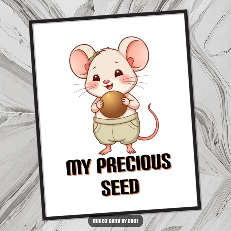 Funny Chubby Mouse Digital Art Print - A humorous illustration of a plump mouse panting happily while carrying a huge seed, ready to adorn any digital display.