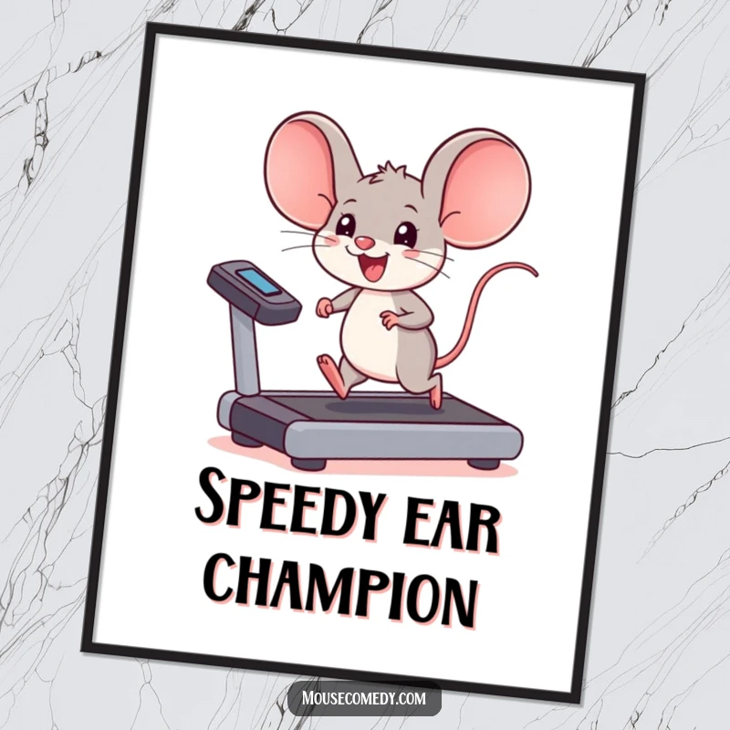 Funny kawaii mouse digital art print, a mouse with oversized ears joyfully running on a treadmill.