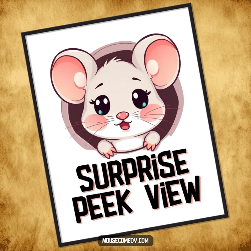 Funny Kawaii Surprised Mouse Digital Art Print: Art of a mouse with a surprised expression peeking from a tiny hole.