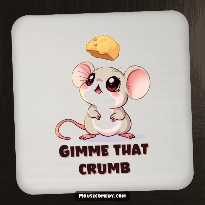 Funny mouse coaster with a mouse’s big eyes looking up at a hovering crumb, protecting surfaces with a smile.