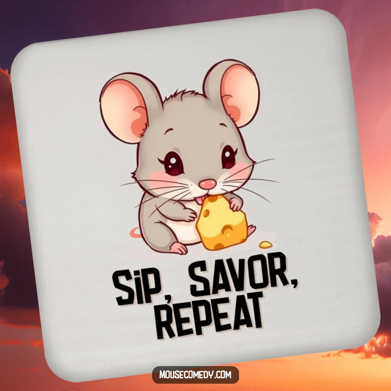 Funny drink coaster featuring a cute mouse pausing to nibble on a piece of cheese, guarding your furniture with a smile.