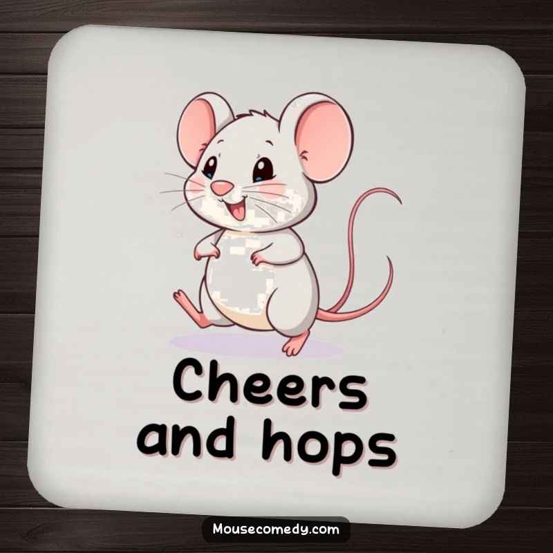 Funny mouse coaster with a happy mouse doing a little hop, its tail wagging with pure joy.