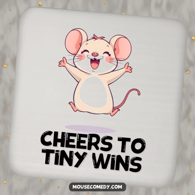 Funny mouse drink coaster showing a joyful mouse leaping, paws in the air, adding a humorous and protective touch to tabletops.