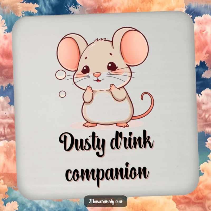 Funny Kawaii Mouse Coaster: A cute mouse playfully batting at a tiny floating dust mote, protecting your surfaces.