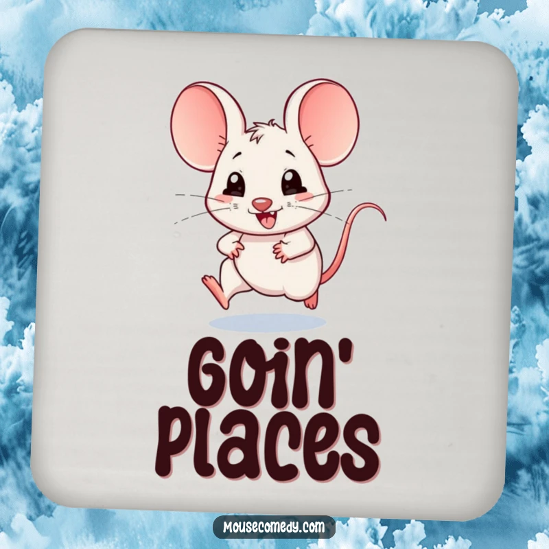 Funny drink coaster featuring a kawaii mouse with huge ears, scampering at joyful speed, protecting surfaces with adorable, humorous flair.