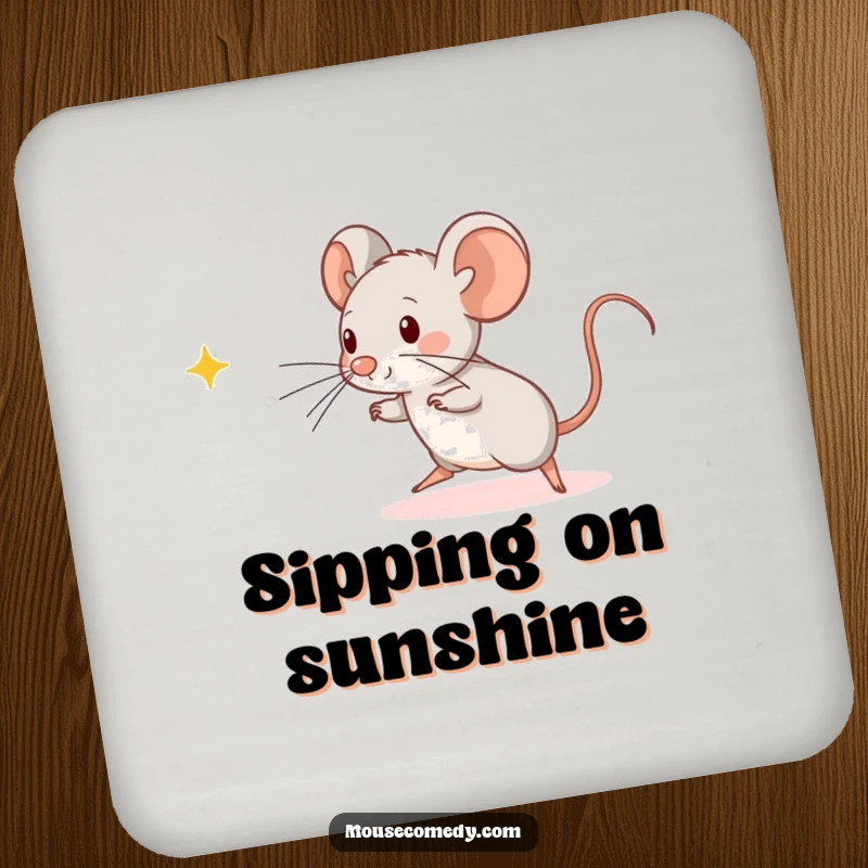 Funny Kawaii Mouse Coaster: An energetic kawaii mouse playfully reaching for a bright beam of light, protecting your surfaces.