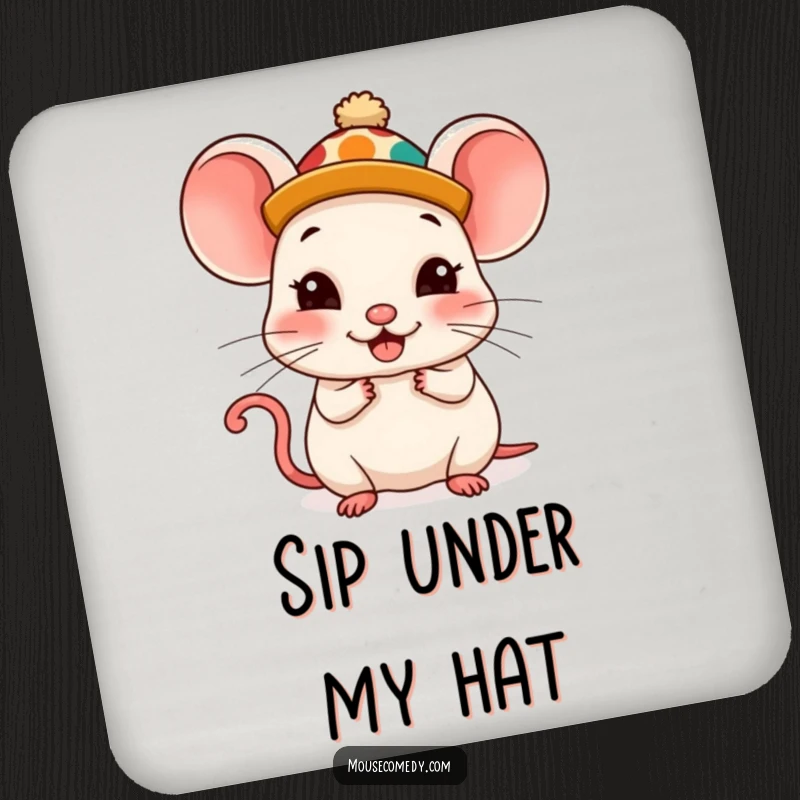 Funny Kawaii Mouse Coaster: A cute mouse wearing a silly hat, looking comically pleased, protecting your table in style.