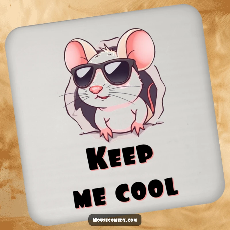 Funny kawaii mouse drink coasters, depicting a cute mouse wearing sunglasses, peeking from a tiny hole, adding a humorous touch.