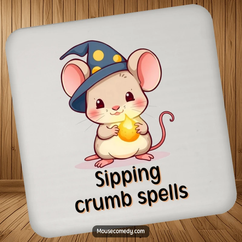 Funny Kawaii Wizard Mouse Coaster: A coaster featuring a mouse in a wizard hat holding a glowing crumb.