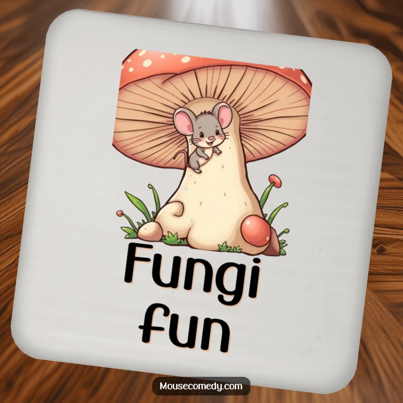 Funny tiny mouse drink coaster, with a mischievous wink, climbing a giant mushroom, adding a playful touch to surface protection.