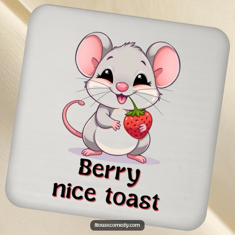 Funny giggling mouse balancing a berry on its nose, depicted on a protective drink coaster.