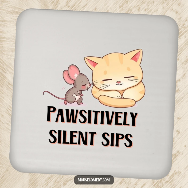 Funny mouse tiptoeing past a sleeping cat, captured on a protective drink coaster.