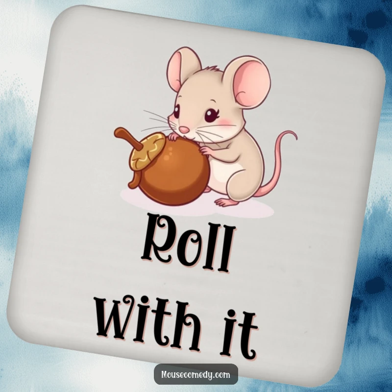 Funny drink coaster with a mouse playfully pushing a rolling acorn with its nose, safeguarding surfaces with charm.